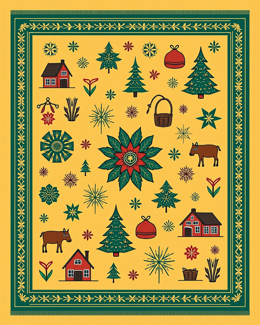 Holiday Barn Poinsettia Evergreen Snowflakes Rug