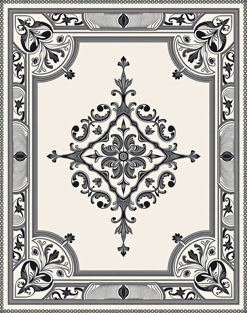 Elegant Black White Scrollwork Medallion Rug