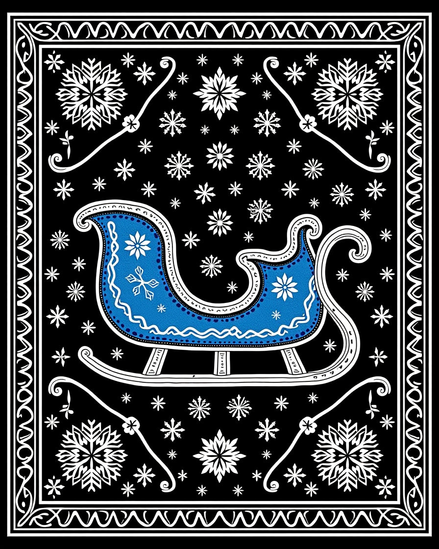 Winter Sleigh Snowflakes Black Rug