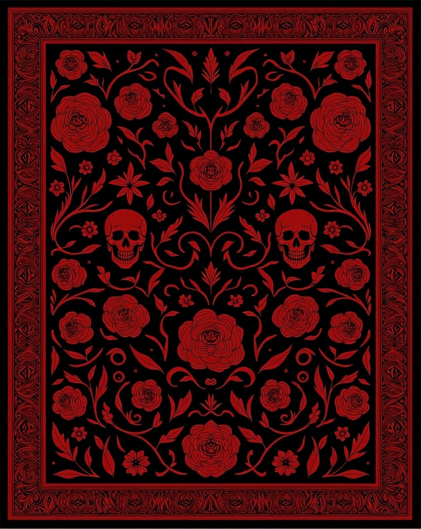 Crimson Skull Rose Gothic Garden Rug