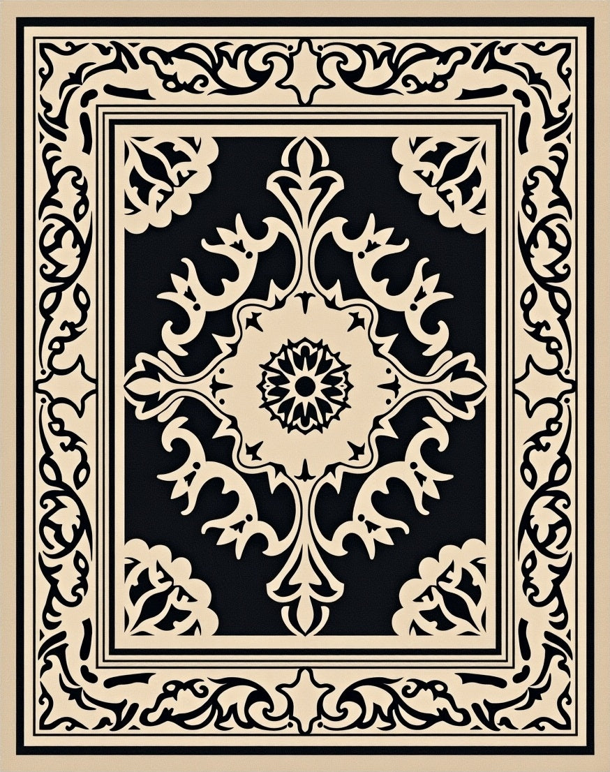 Antique Beige Black Medallion Frame Rug