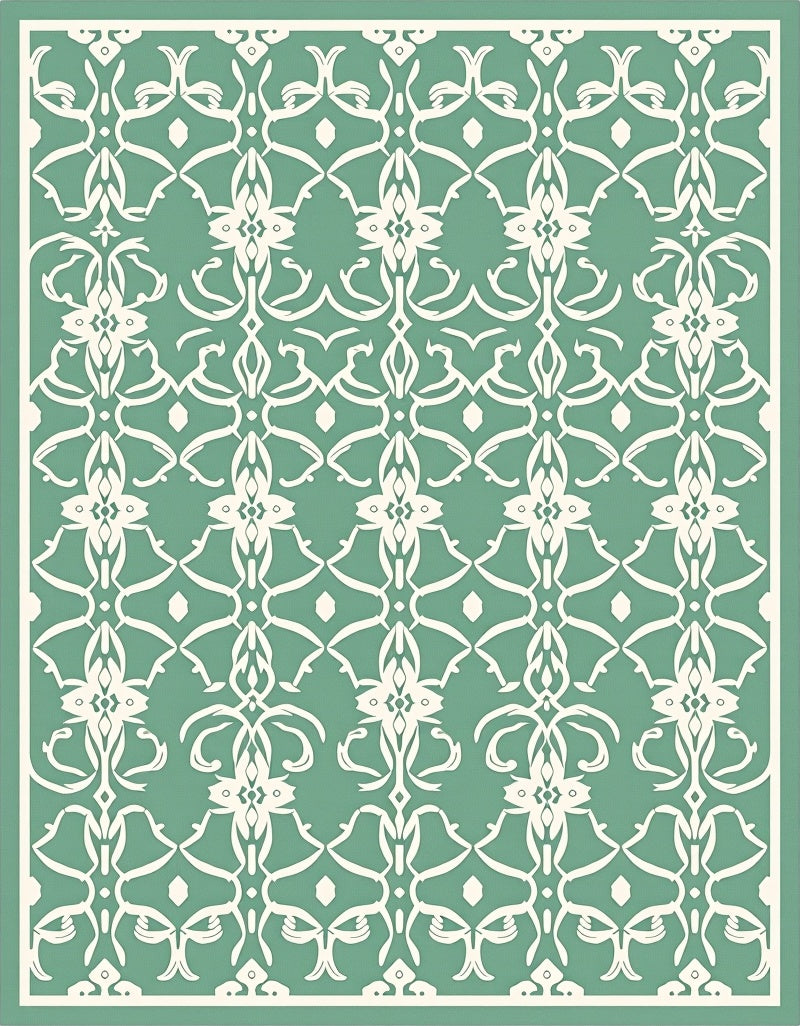 Serene Teal White Filigree Damask Rug