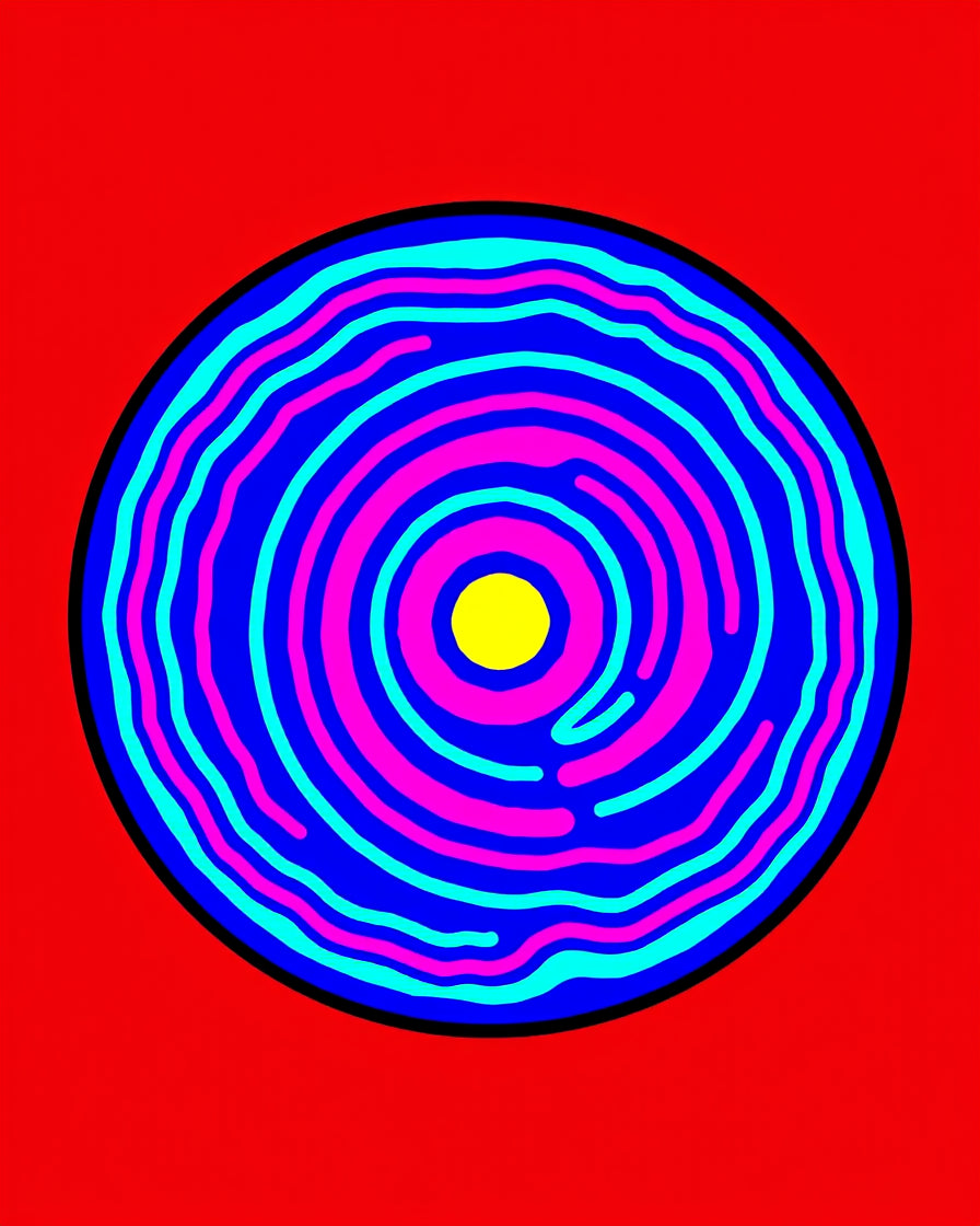 Vibrant Blue Pink Yellow Concentric Waves Rug