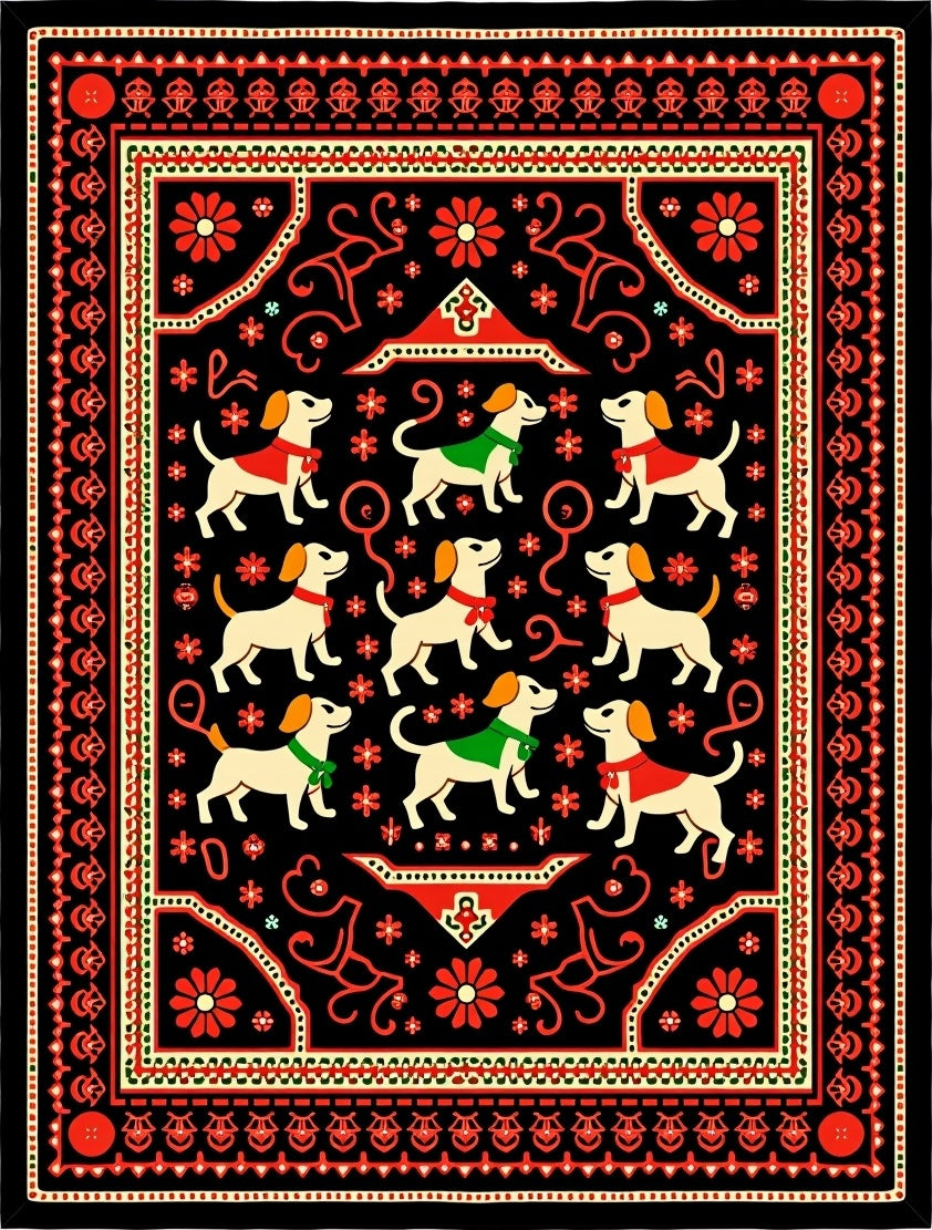 Whimsical Red Dog Folk Art Rug