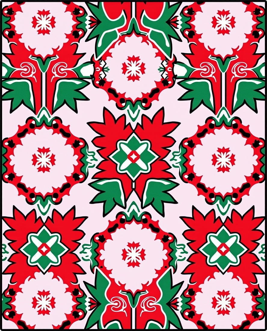 Red Green Floral Medallion Repeat Rug
