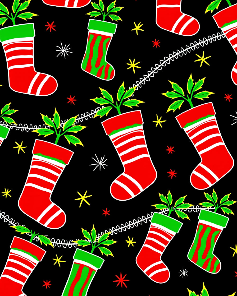 Red Green Striped Christmas Stockings with Holly Rug