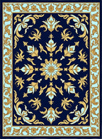 Navy Gold Floral Scroll Border Rug