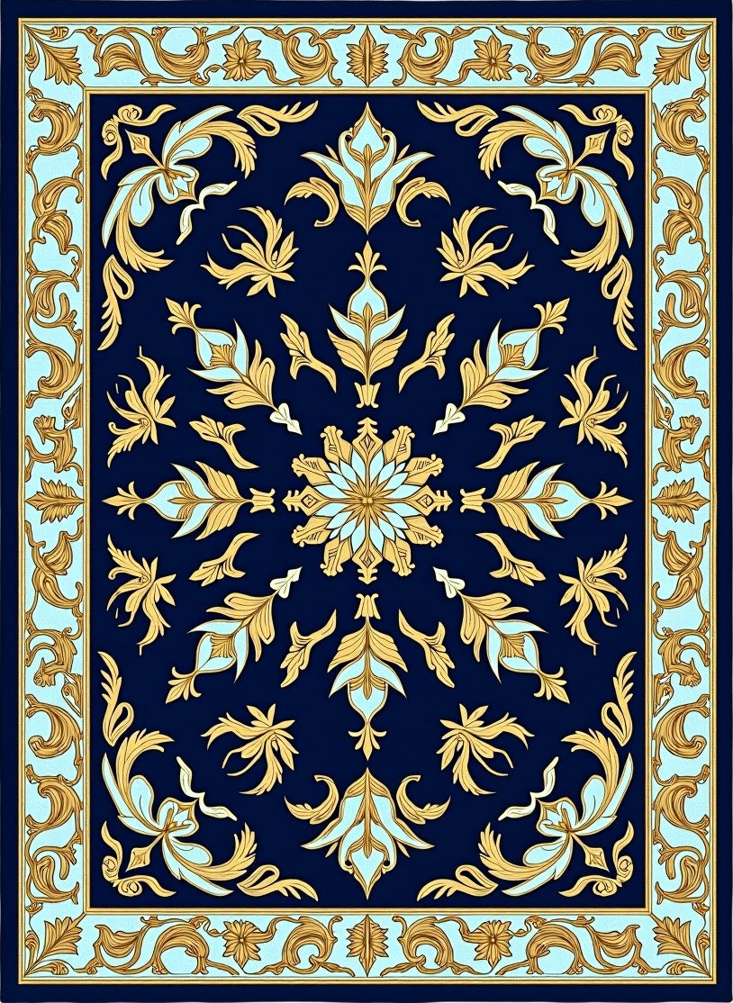Navy Gold Floral Scroll Border Rug