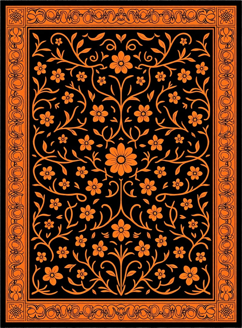 Vibrant Orange Floral Vine Border Rug
