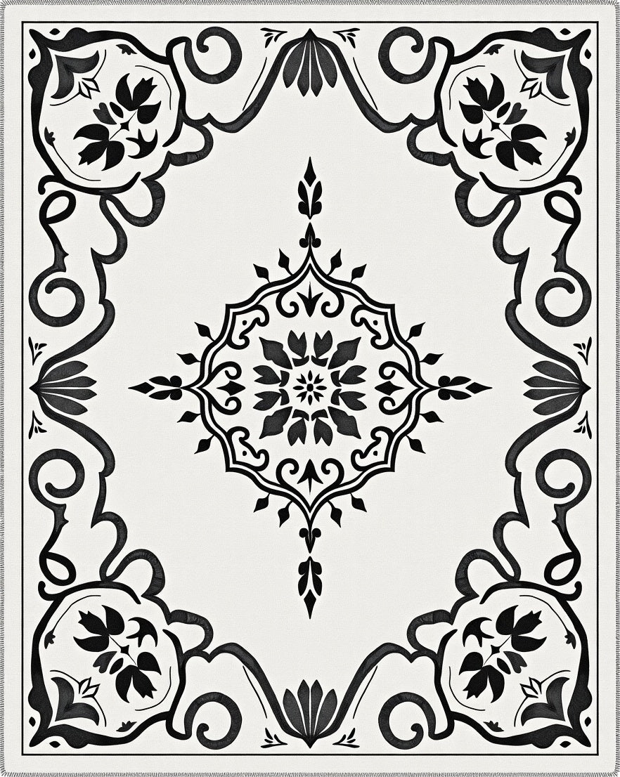 Black White Classic Floral Medallion Rug