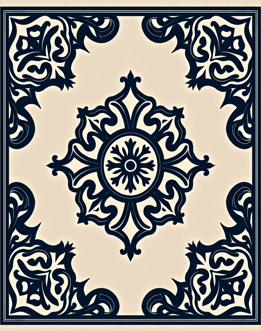 Ornate Navy Ivory Center Floral Rug