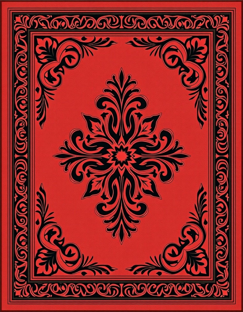 Crimson Black Floral Scroll Border Rug