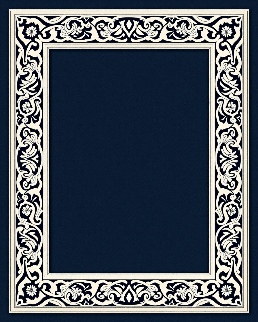 Deep Blue Ivory Floral Scroll Frame Rug