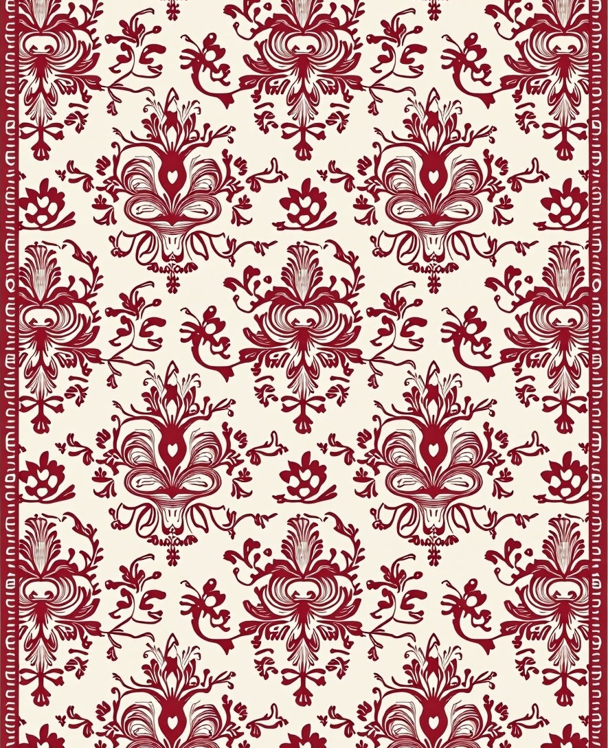 Rich Crimson Damask Scrollwork Rug