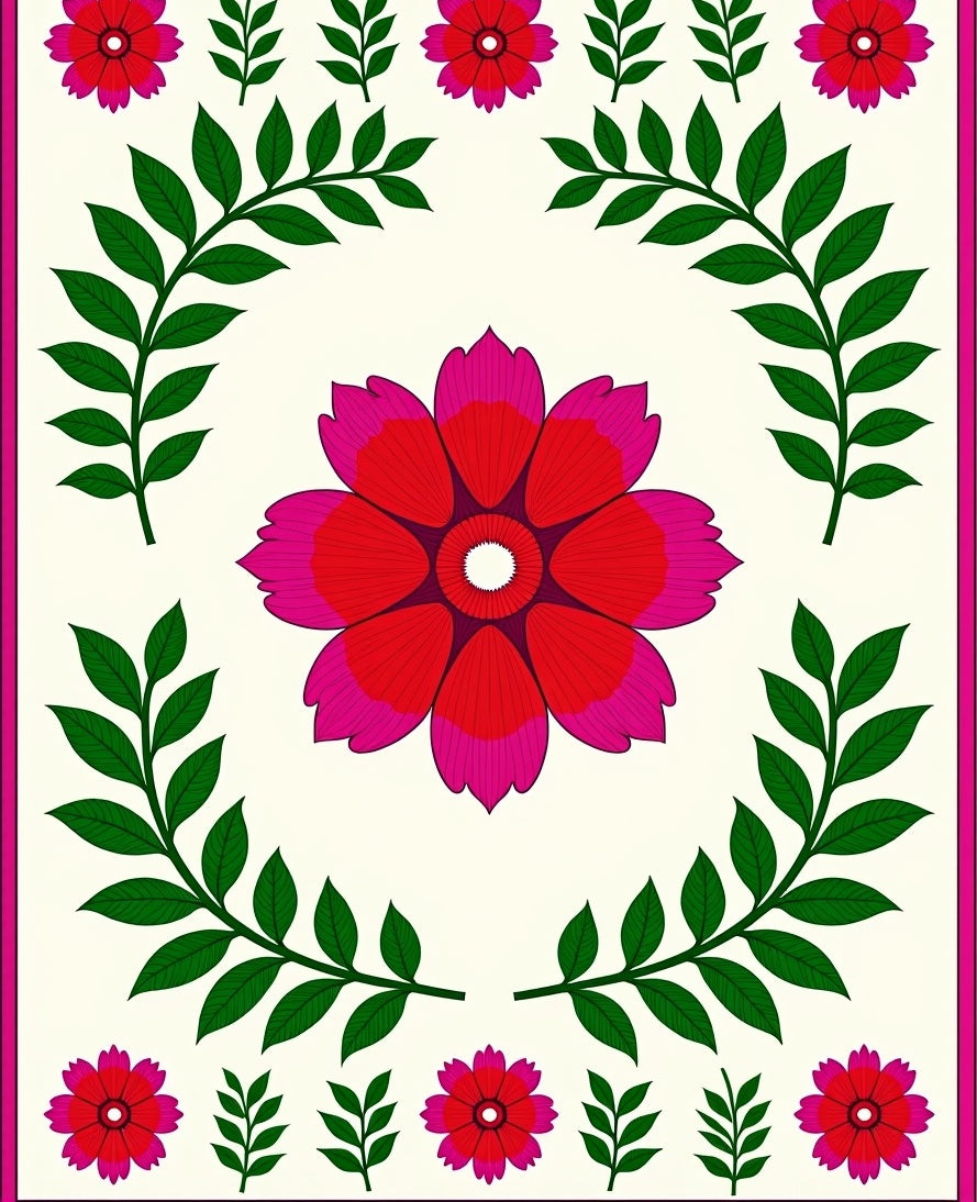 Vibrant Red Pink Floral Leaf Garland Rug