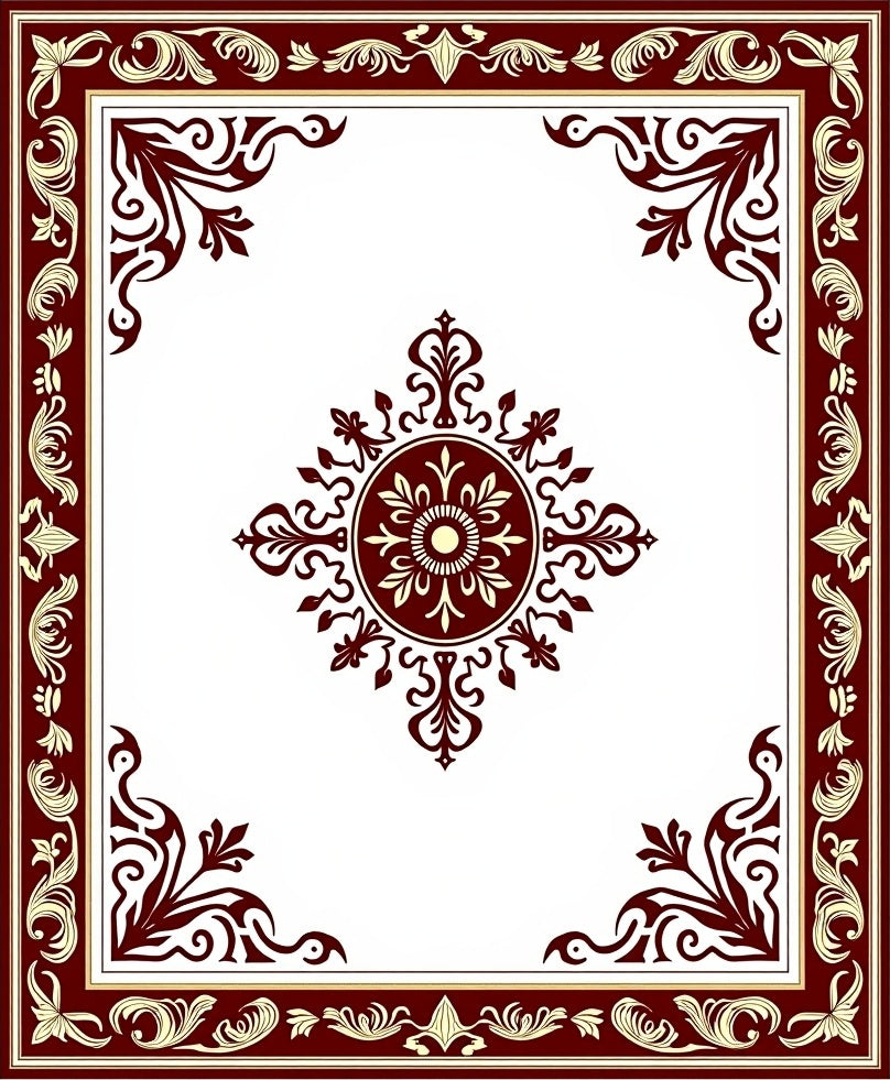 Ornate Crimson Floral Medallion Border Rug