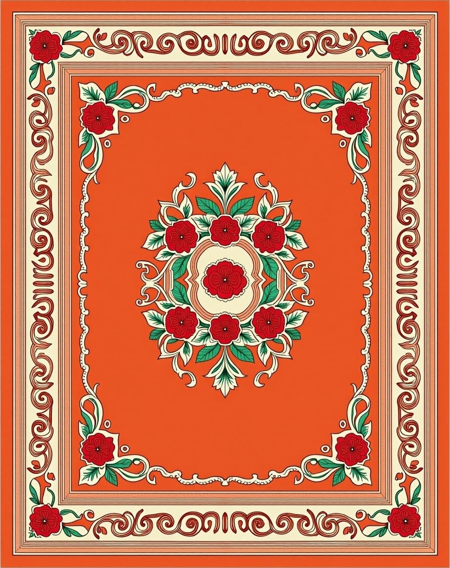 Orange Red Floral Scroll Border Rug