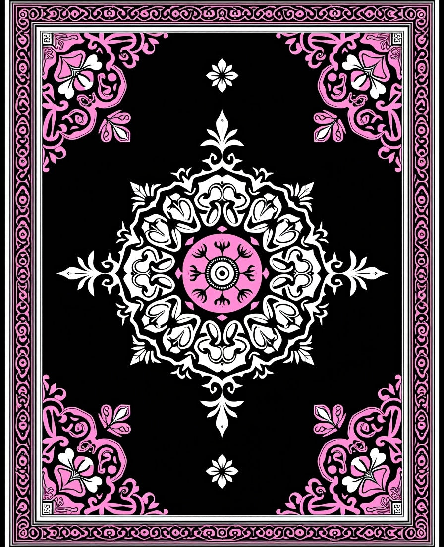 Black Pink Floral Medallion Border Rug