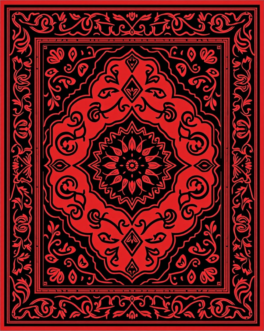 Vivid Red Floral Medallion Border Rug