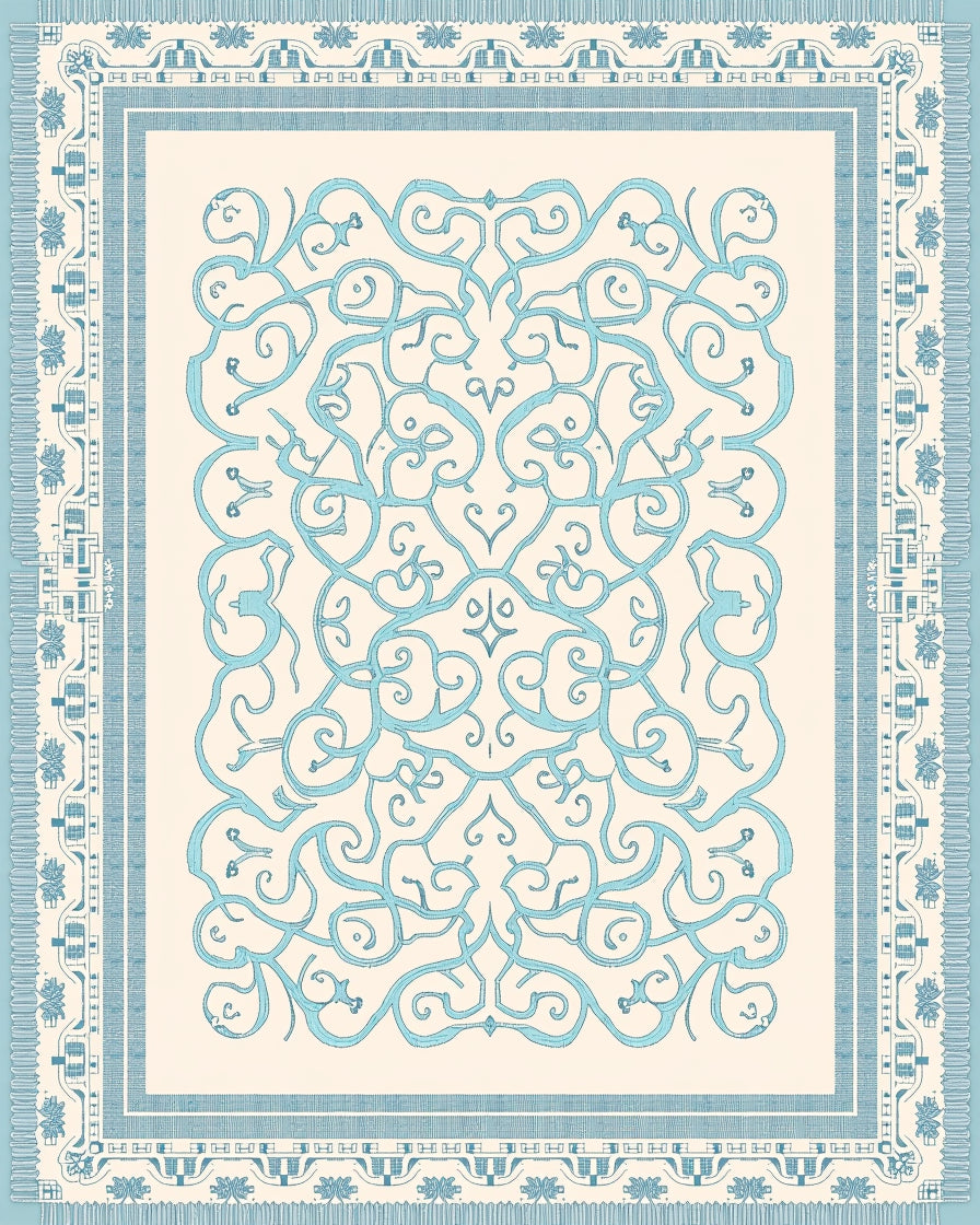 Light Blue Ornate Scroll Medallion Rug