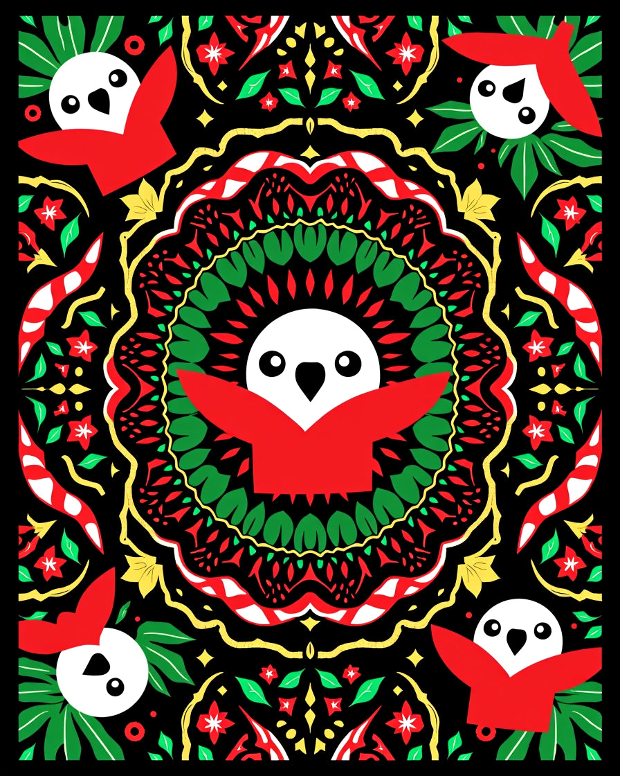Whimsical Red Bird Kaleidoscope Rug