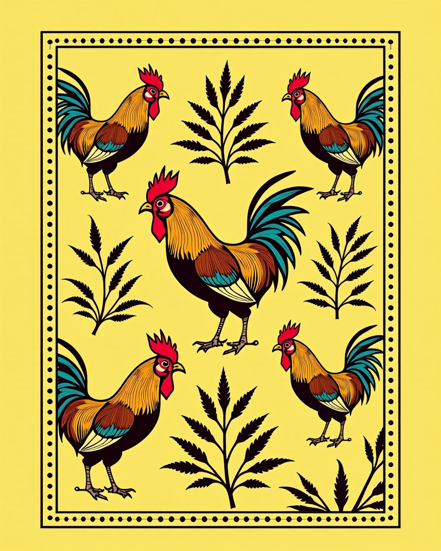 Golden Roosters with Botanical Foliage Rug