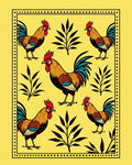Golden Roosters with Botanical Foliage Rug