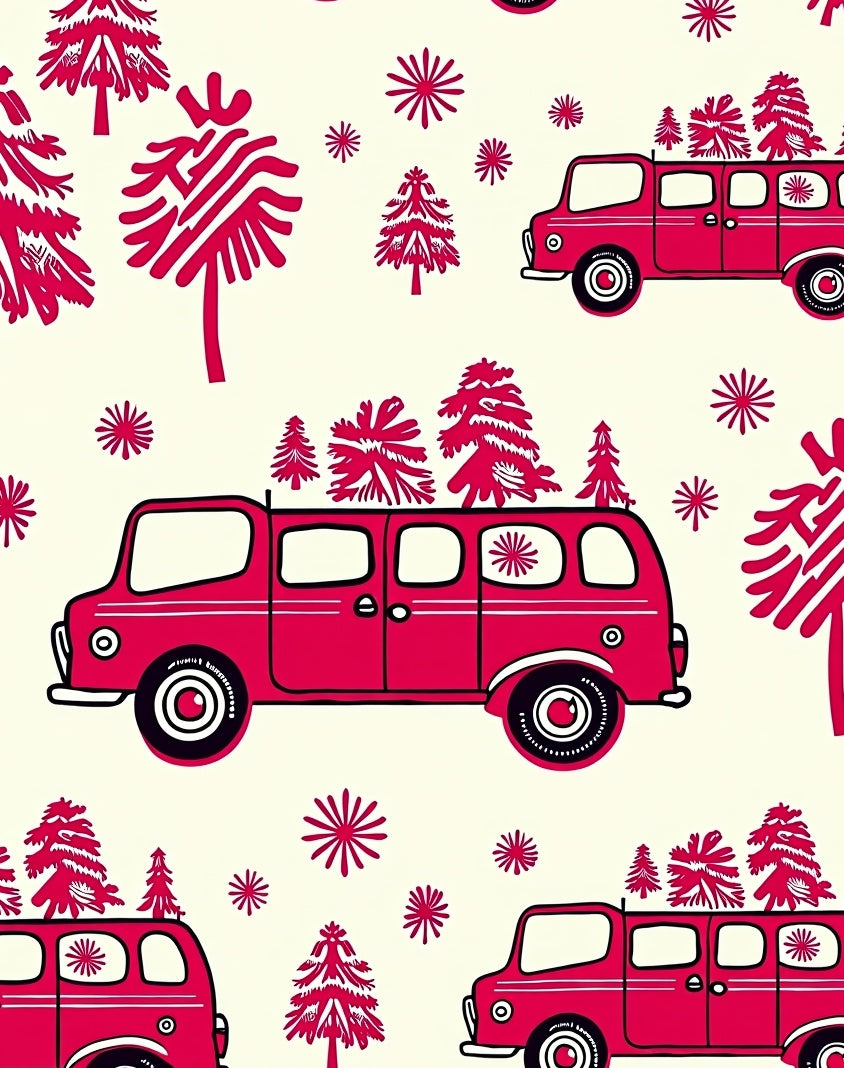 Red Christmas Van With Trees Rug