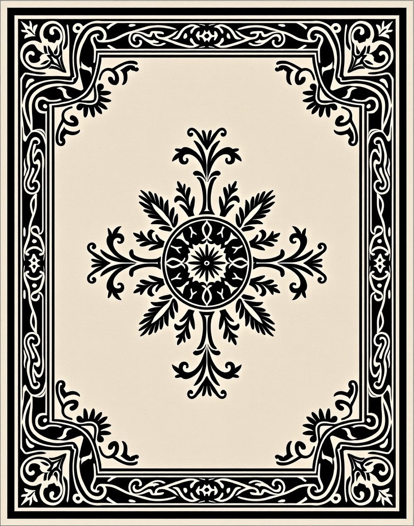 Black and Cream Ornate Floral Medallion Rug