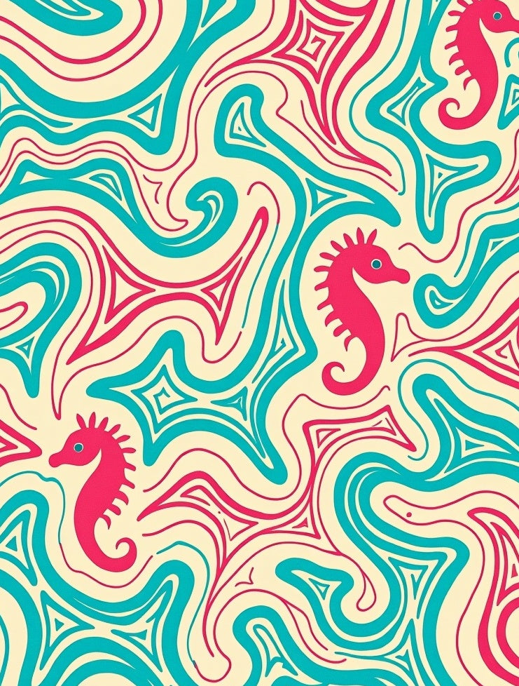 Aqua Coral Seahorse Swirl Ribbons Rug