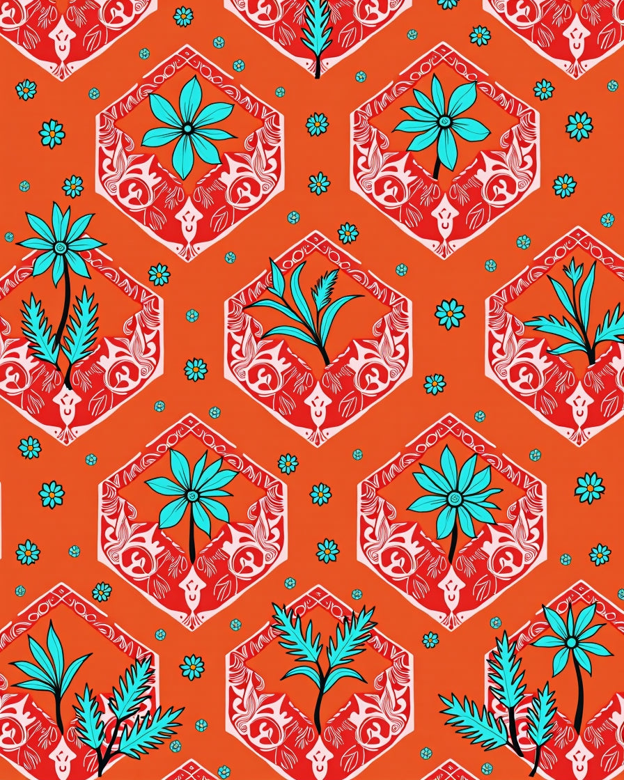 Orange Hexagonal Tropical Floral Rug