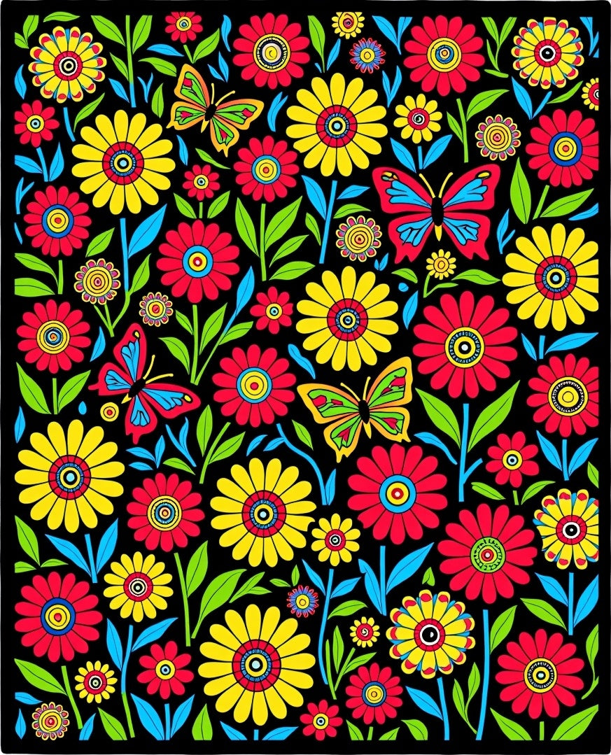 Vibrant Retro Floral Butterfly Garden Rug