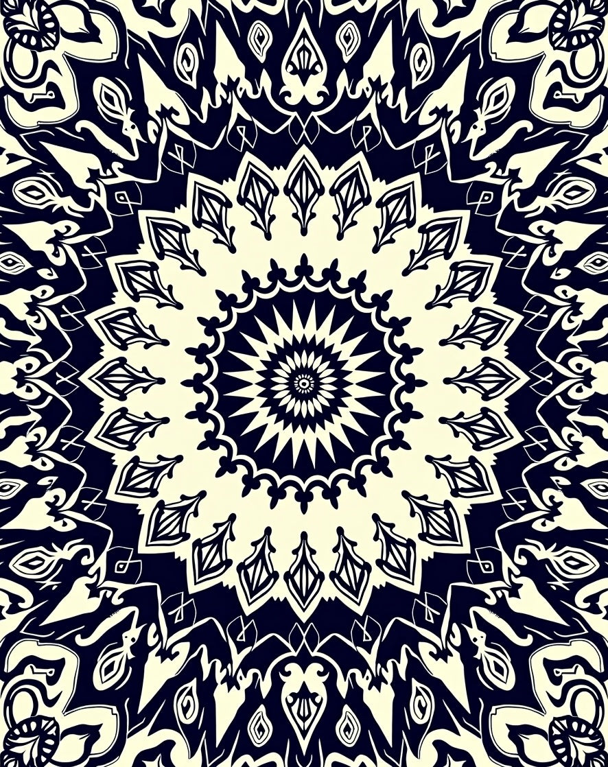Ivory Navy Mandala Flower medallion Rug
