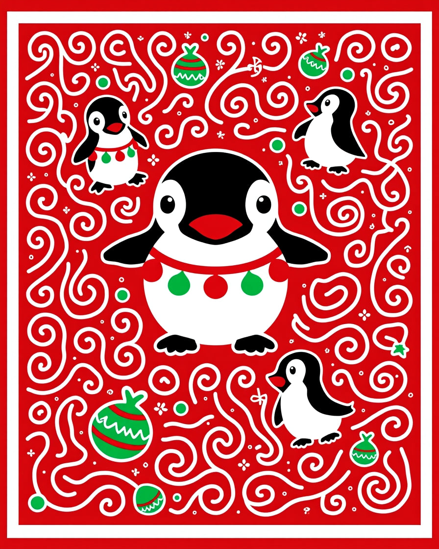 Festive Red Penguin Christmas Swirls Rug