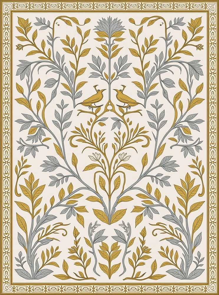 Golden Two Birds Floral Branches Rug