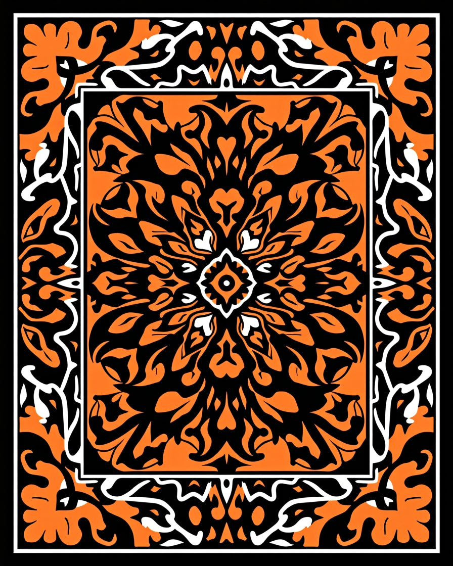 Bold Orange Black Ornate Scroll Rug