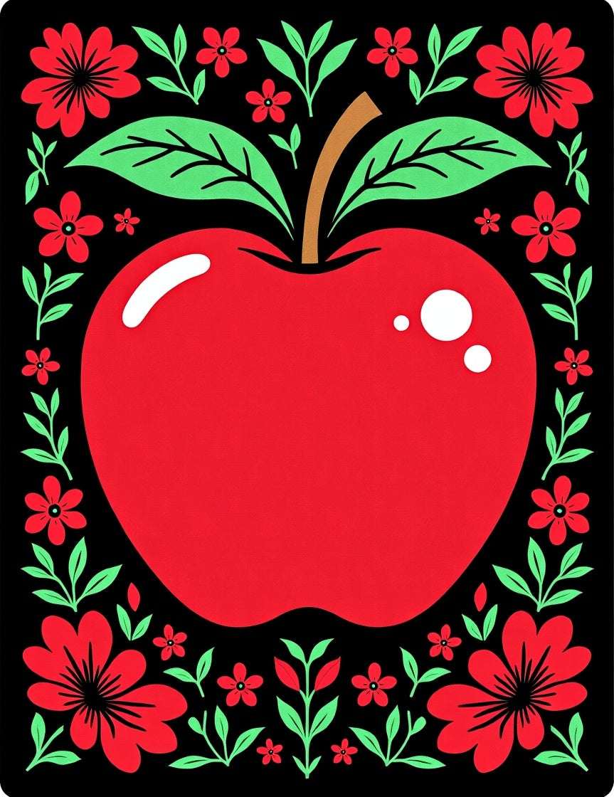 Red Apple Folk Art Floral Border Rug