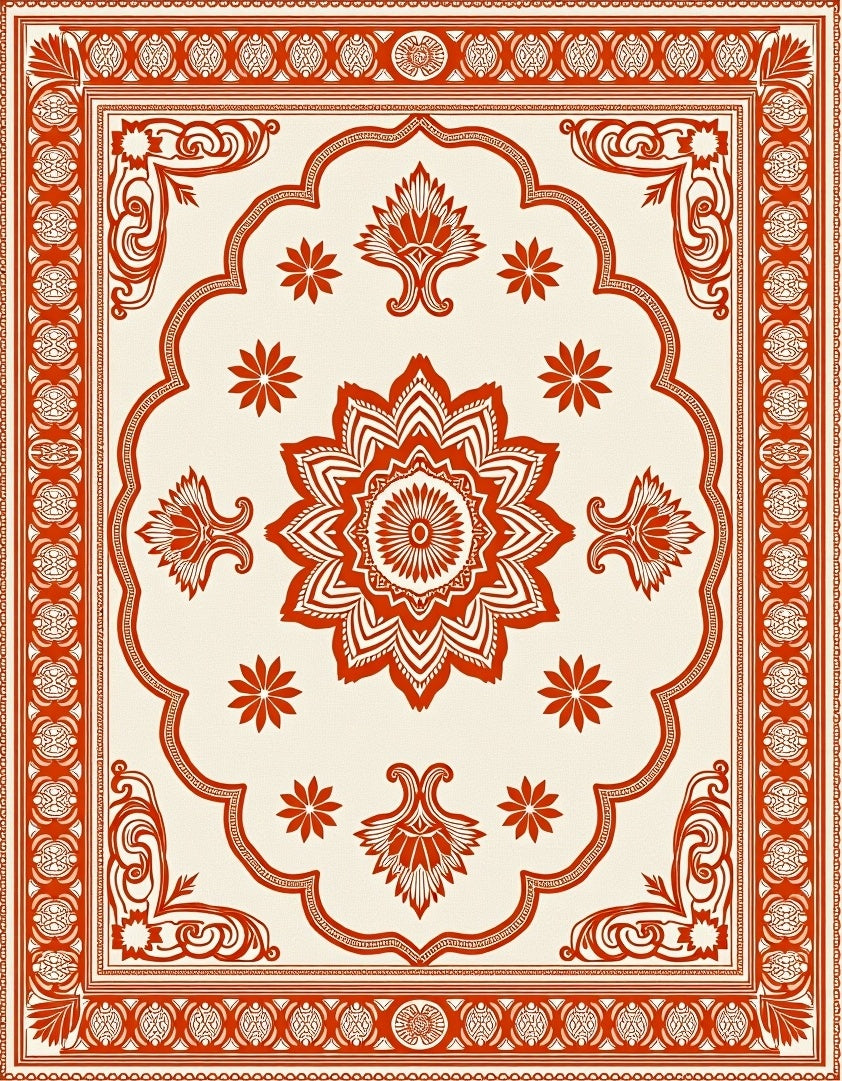 Ornate Crimson Mandala Cream Rug