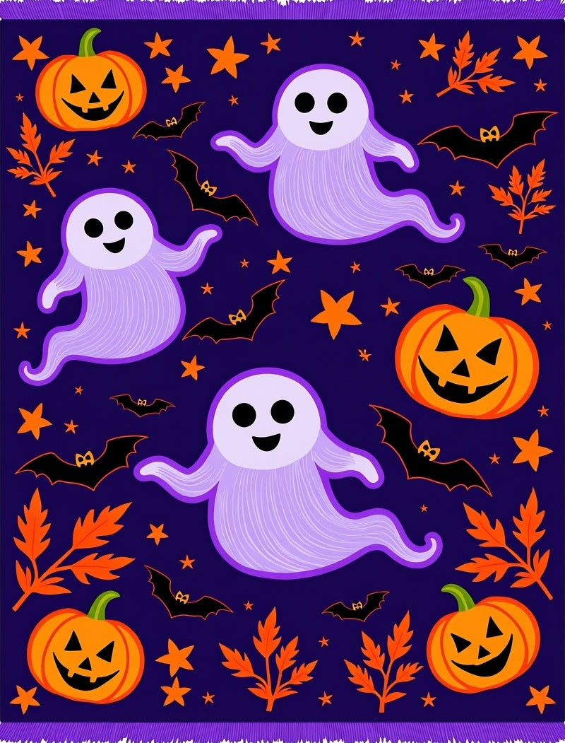 Playful Purple Ghost Pumpkin Stars Rug
