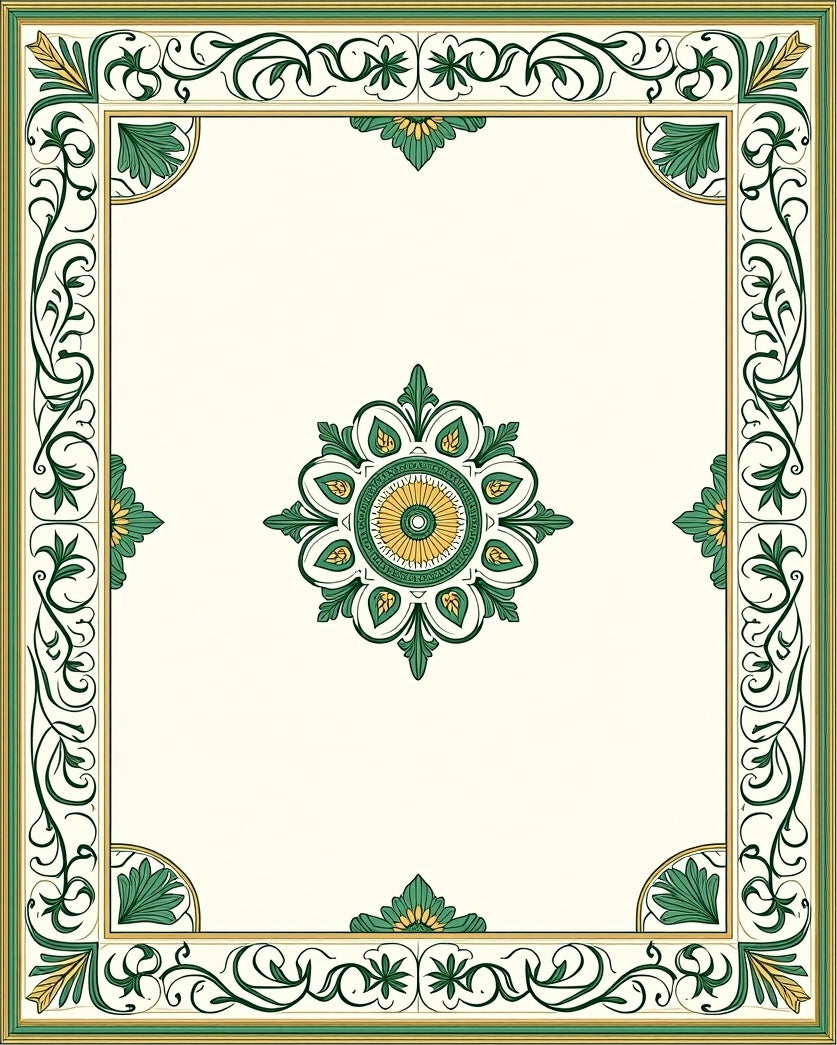 Green Gold Floral Medallion Border Rug