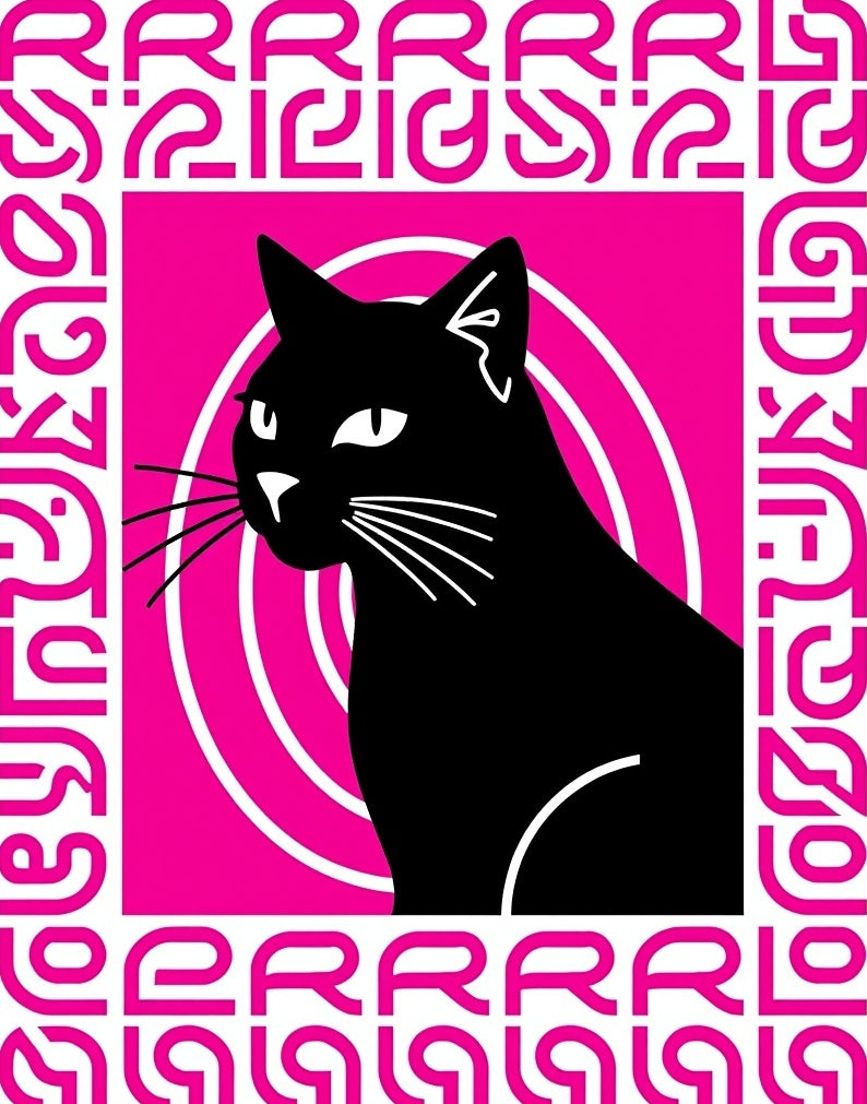 Bold Black Cat Geometric Circles Rug