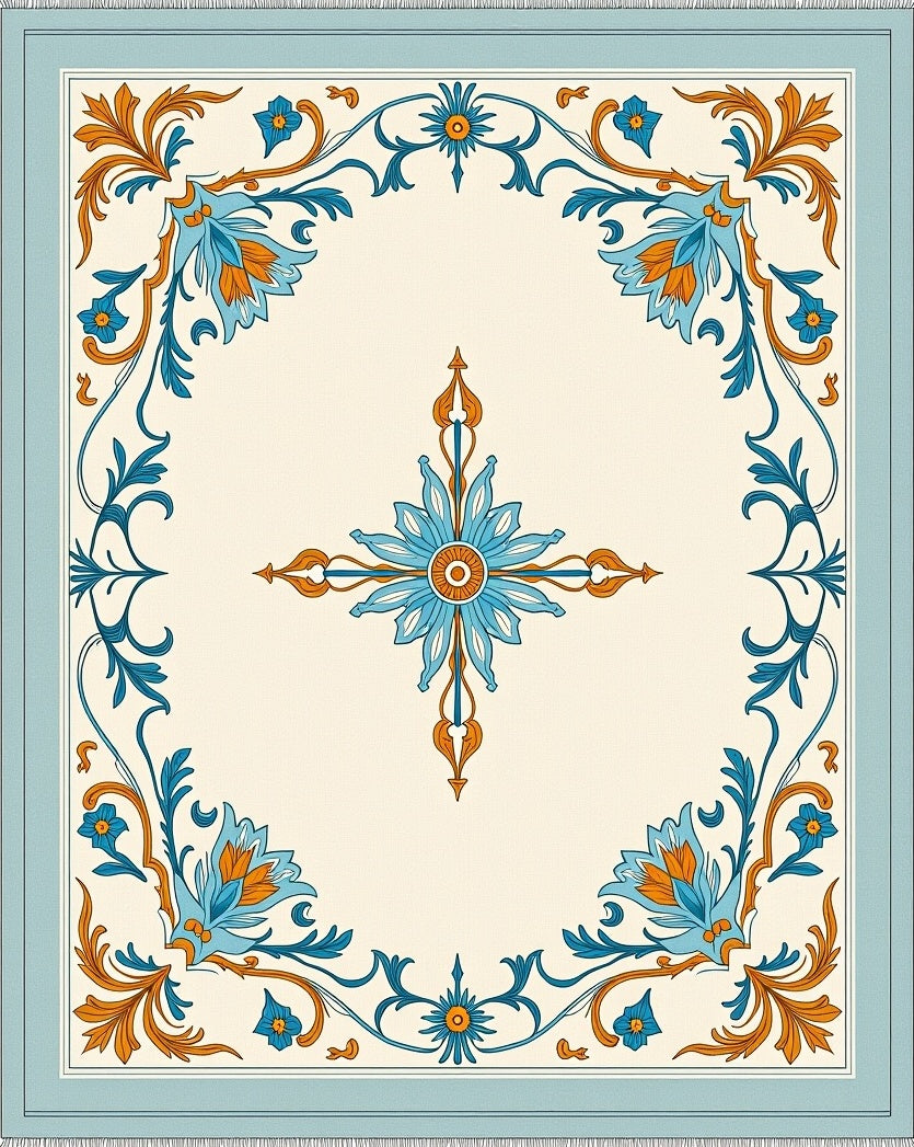 Regal Blue Orange Floral Medallion Border Rug