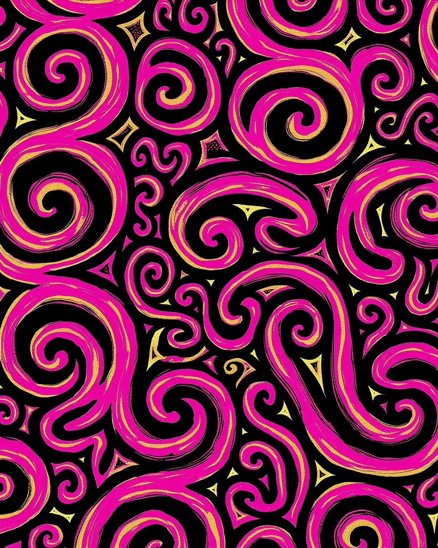 Vibrant Pink Gold Swirls Black Rug