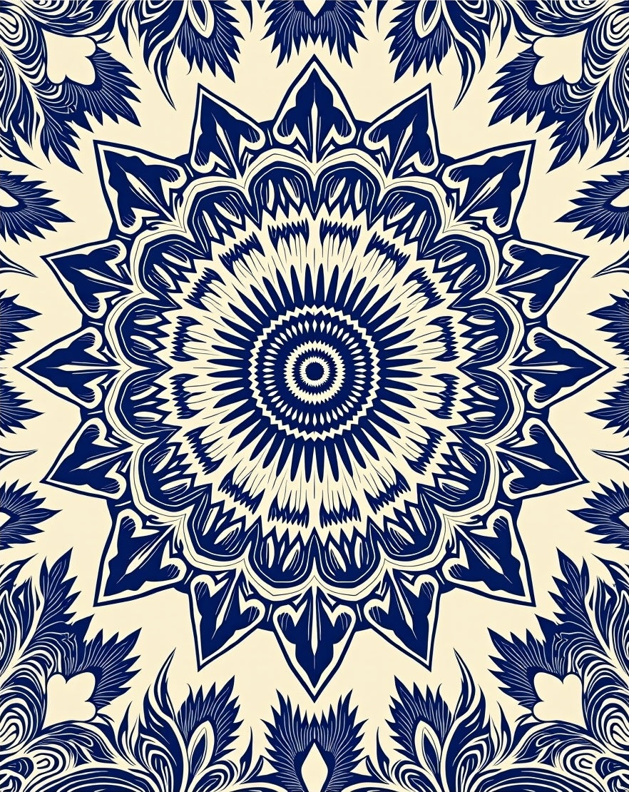 Navy Blue Floral Mandala Radial Rug