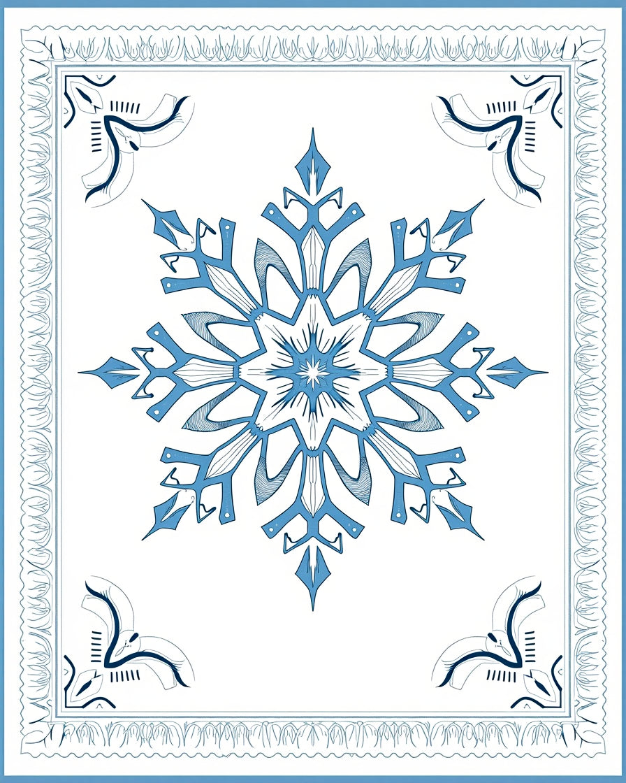 Arctic Blue Snowflake Geometric Border Rug