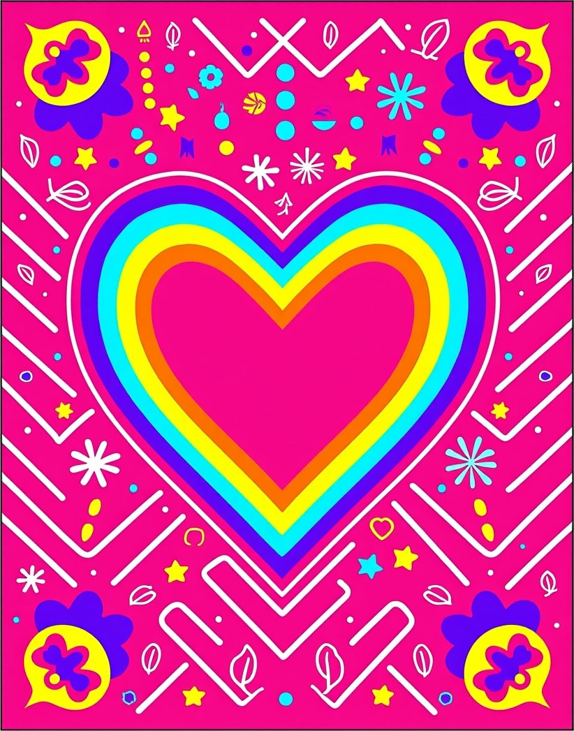 Vibrant Rainbow Heart Geometric Collage Rug