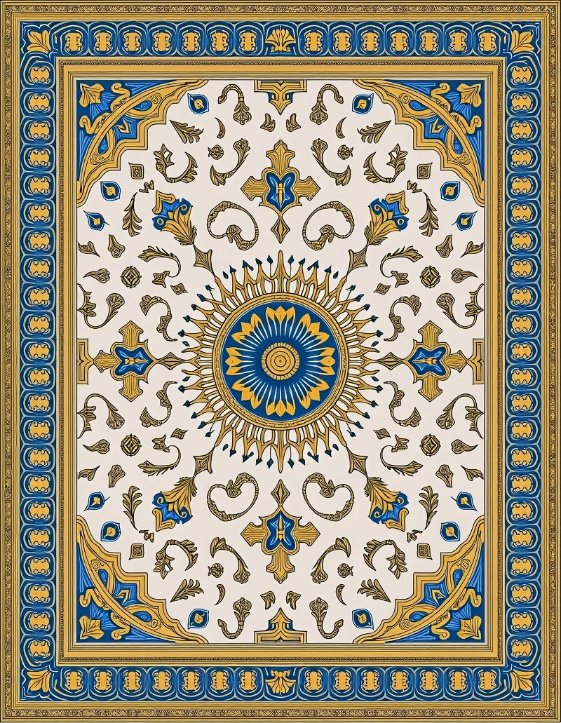 Vintage Blue Gold Sunburst Medallion Rug