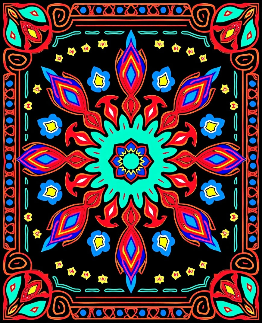 Vibrant Red Blue Floral Medallion Rug