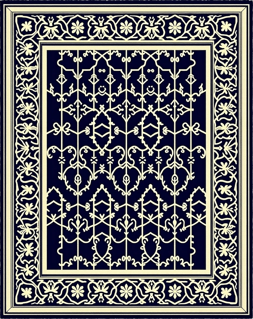 Royal navy cream ornate floral gate Rug