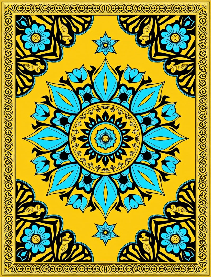Vibrant Yellow Teal Medallion Floral Rug